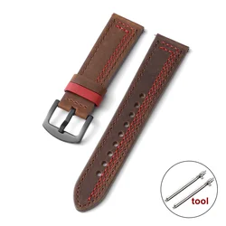 Vintage Genuine Leather Watch Strap with Quick Release and Hand Stitching, 20mm 22mm Wristband - 22mm (Dark brown red)