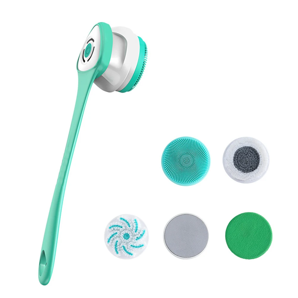 Electric Cleaning Brush Waterproof Body Scrubber Multifunctional Rechargeable Long Handle with 5 Brush Heads for A Full Body Spa