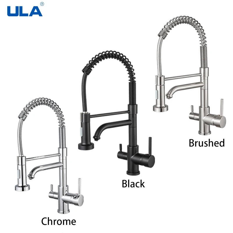 ULA  Kitchen sink copper pull kitchen faucet double outlet water-cooled hot washing basin sink spring faucet