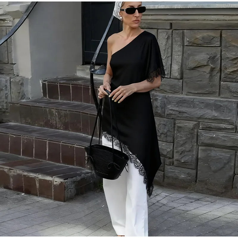 Solid Chic Loose Lace One Shoulder Top