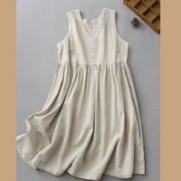 Cotton Linen V-Ne Vest Dr Women's Age-Reversing Artistic Strapl Summer Casual H No-Sve Gown