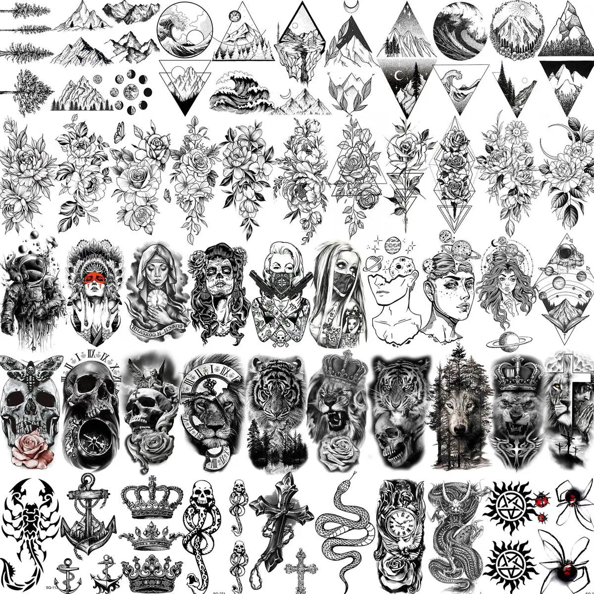 Temporary Tattoos 52 Sheets Temporary Tattoos For Men Women Arm Neck Tattoos Paste Fake Small Flower Mountain Snake Animals 3D