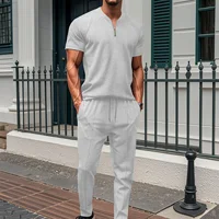 Polo à col gaufré pour hommes, petite fermeture éclair, couleur unie, T-shirt à manches courtes, pantalon, deux ensembles, nouvelle collection 5
