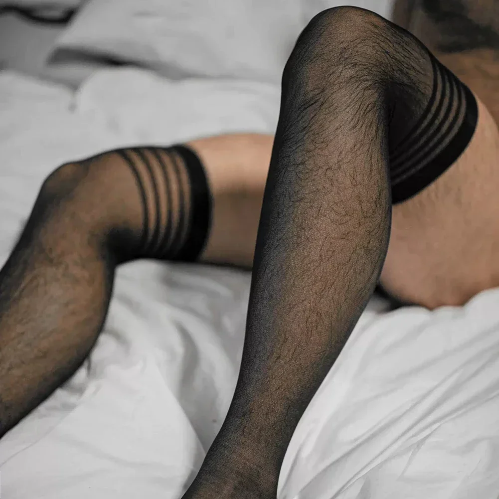 Men Leotard Socks Sexy Breath Mesh Slimming Nightclub See Through Stockings Transparent High Socks Exotic Lingerie Man
