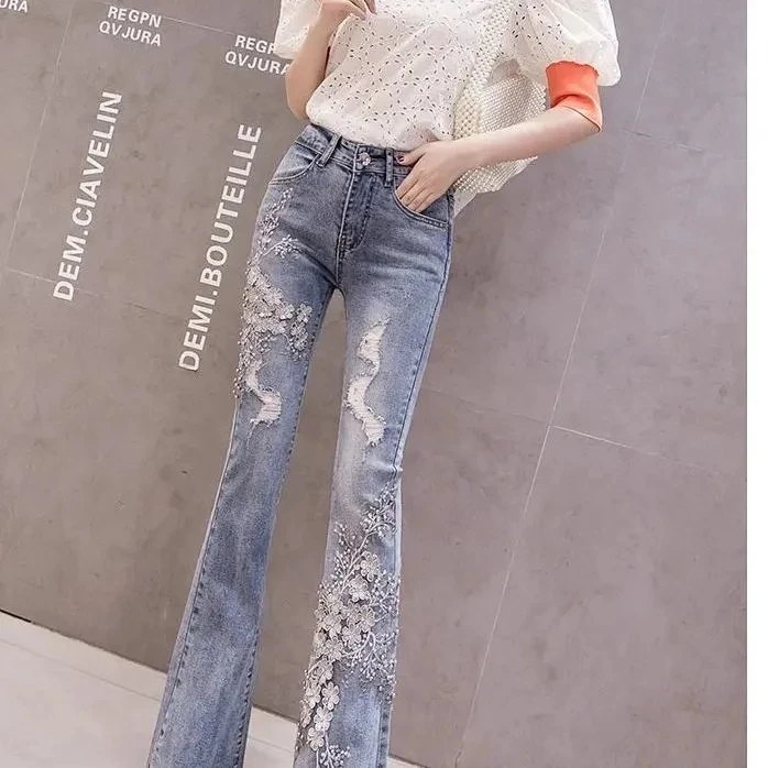 Heavy Industry Embroidery Jeans Female 2023 Spring New High Waist Pant Raw Edge Beaded Slim Pants Flared Jeans Fashion Hole LA88
