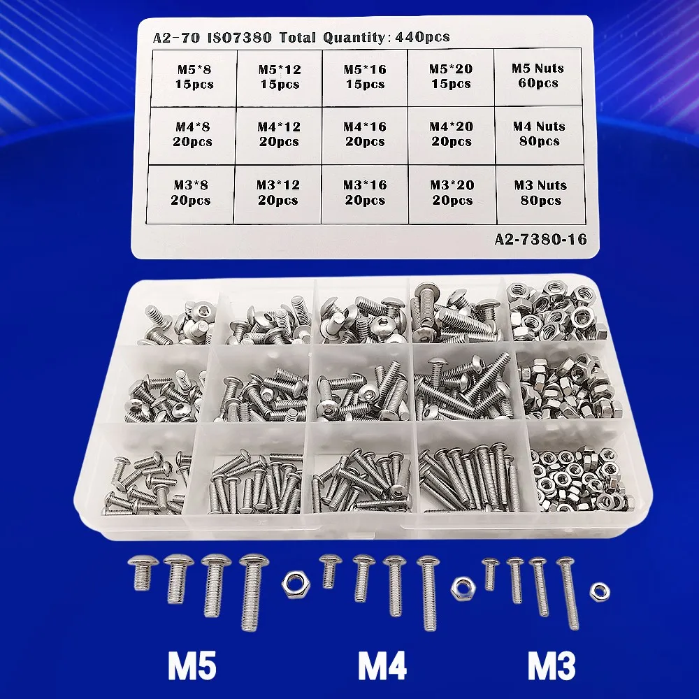 

440Pcs/Box M3 M4 M5 Hexagon Screw Nut Kit Stainless Steel Hex Thread Machine Screw DIY Hex Button Socket Head Cap Bolt Nut Set