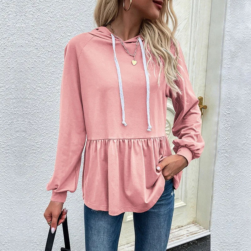 Women's Hooded Drawstring Sweatshirt Monochromatic Comfortable Casual Design Sense Vintage Clothes Streetwear