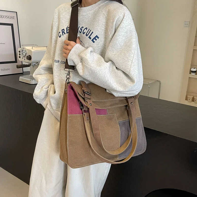 Vintage Tote Canvas Shoulder Bag Casual Large Capacity Handbag Splicing Style Unique Design Casual Trend Personality All-match
