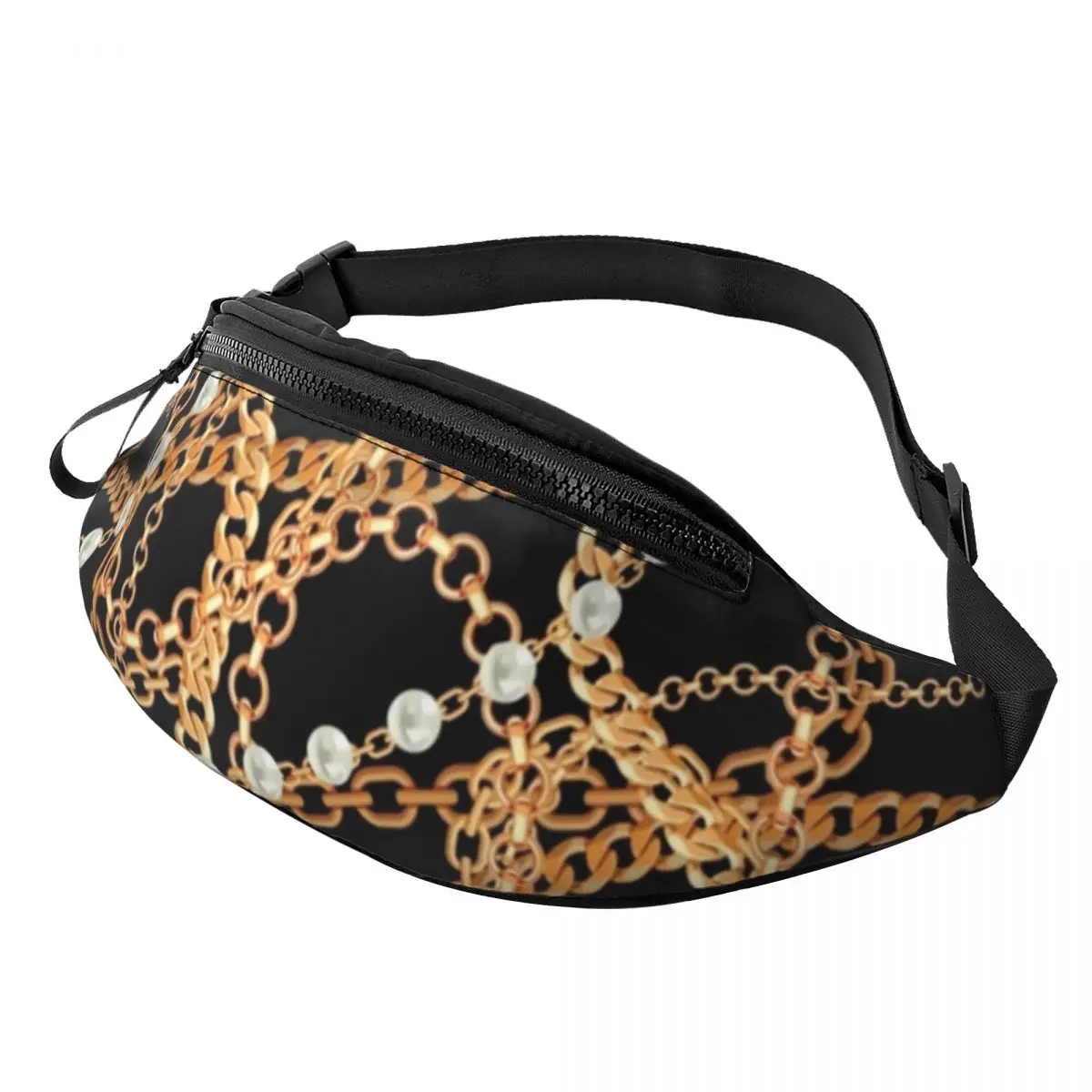 

Chain Print And Pearls Waist Bag Gold Link Fashion Polyester Waist Pack Jogging Unisex Bag