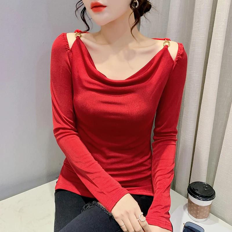 Solid Full Sleeve T-shirts Girls Heaps Collar Fashion Chain Tshirts Off  Shoulder Thin Soft Tops For Woman - AliExpress