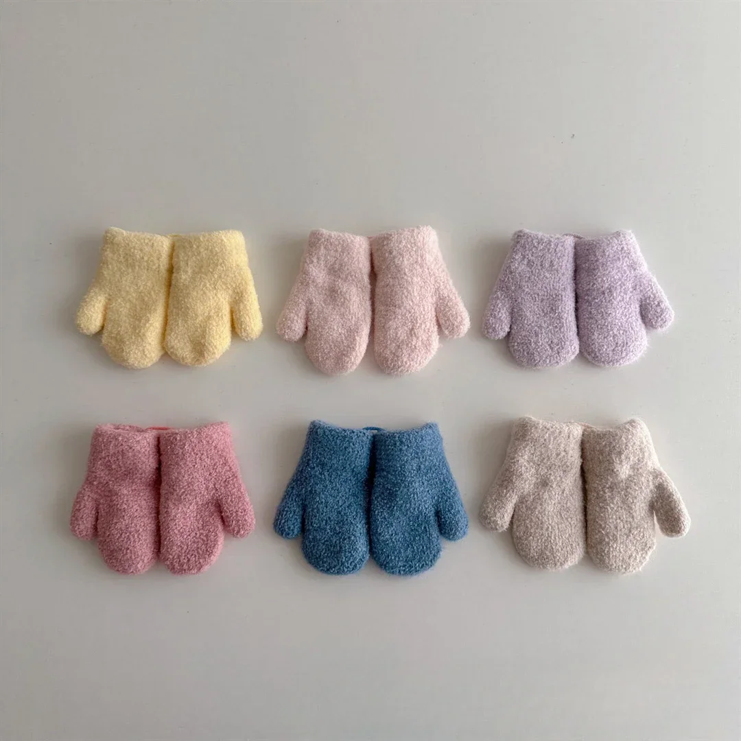 0-1Y Baby Plush Thick Gloves Cold Resistant Fingers Solid Color Baby Boys and Girls Anti Lost Warm Snowx Gloves Autumn Winter