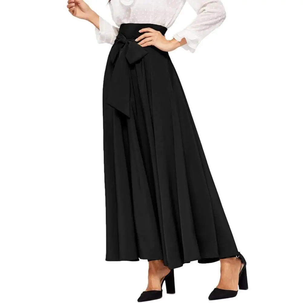 Women A-line Skirt Elegant Lace-up Maxi Skirt with High Waist A-line Silhouette Solid Color Wide Band Pleated for Women for Ol high quality korean style spring new universal with pleated skirt age reducing camel style jk miniskirt solid color skirt women