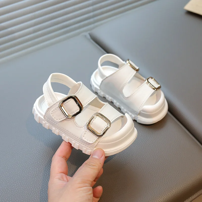 Summer Solid Children Sandals Buckle PU Leather Non Slip Boys Girls Beach Shoes Hook Loop Soft Bottom Toddler Kids Sandals