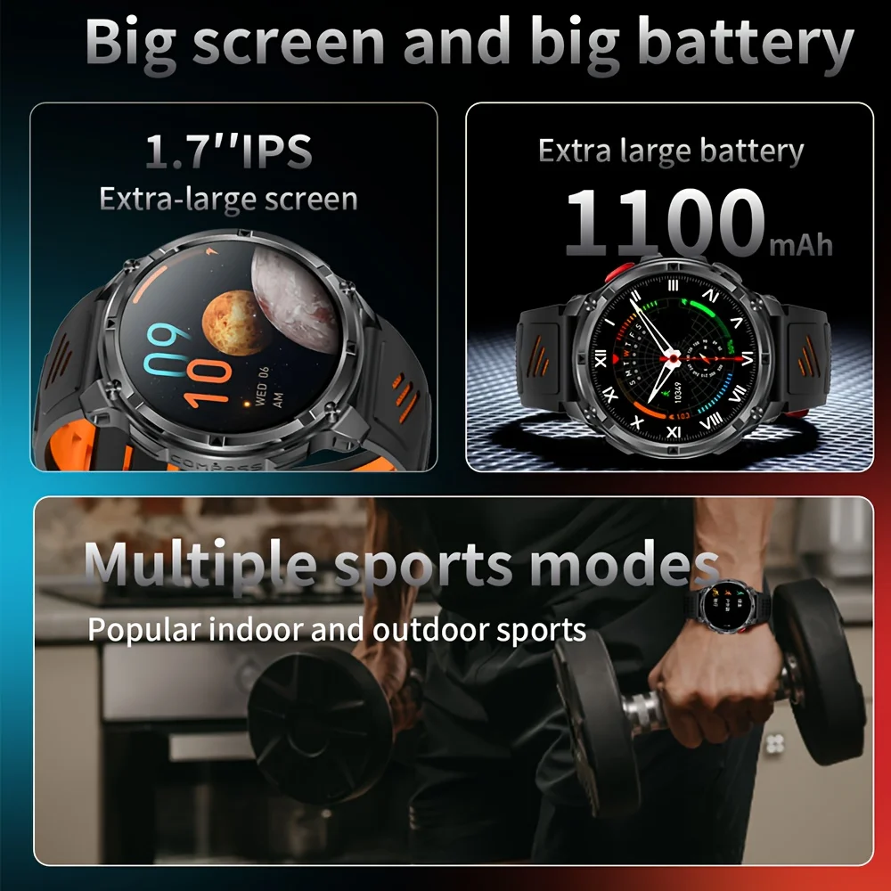 Smartwatch Sportivo da Uomo - Schermo da 1,7 Pollici, Modalità Sportive Multiple, Chiamate Wireless, Torcia, Sveglia, Batteria da 1100mAh - immagine 2