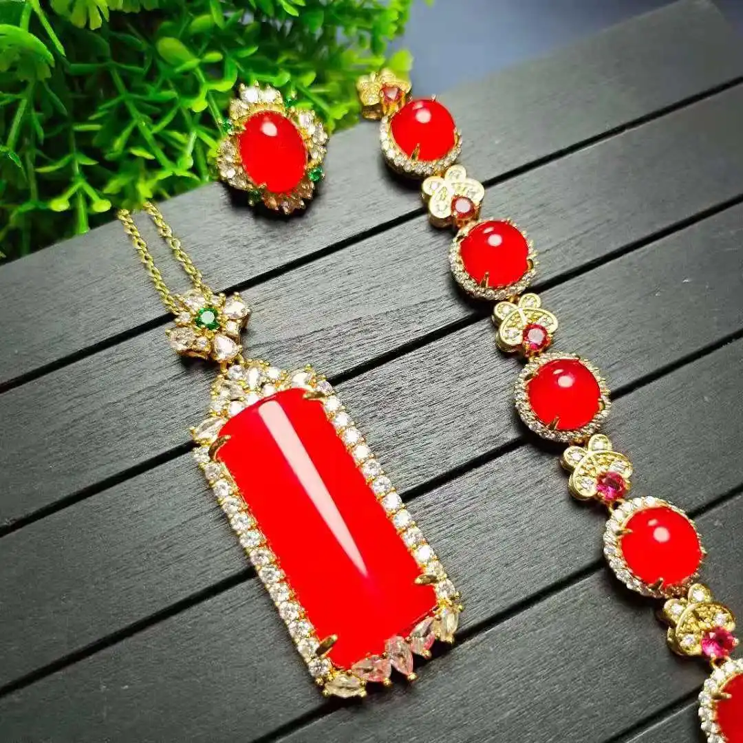 Red Jade Jewelry Set Women Natural Jadeite Long Pendant Necklace With