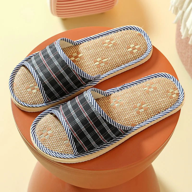 Summer Eva Soft Sole Linen Indoor Slippers For Men Women Simple Non-slip Wooden Floor Slides Comfort Plaid Home Slipper Shoes 6