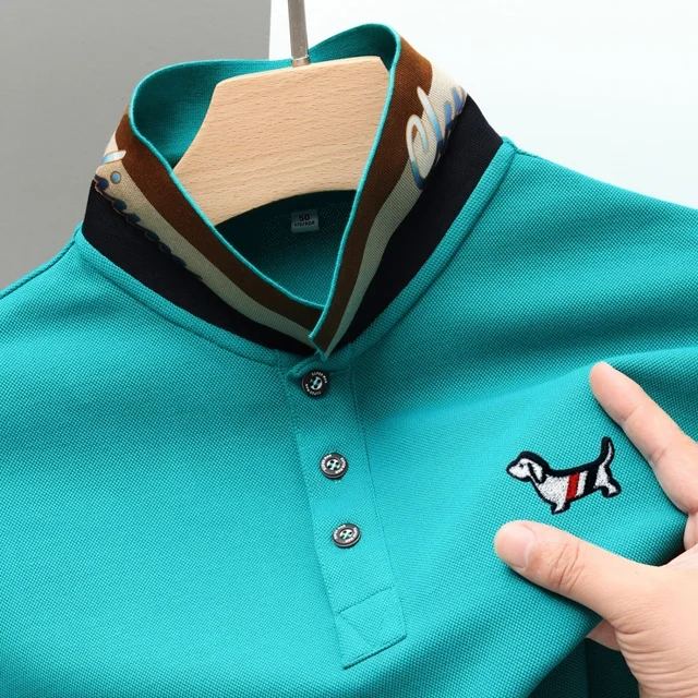 Polo de manga larga para hombre Original de diseñador, bordado de perro, punto suave y transpirable, tapeta con botones, ropa informal de negocios para hombre
