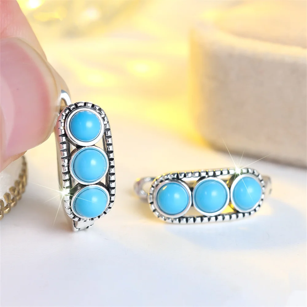 Simulated Turquoise Blue Round Stone Hoop Earrings For Women Vintage Gold Silver Color Ear Buckle Wedding Jewelry Valentine Gift