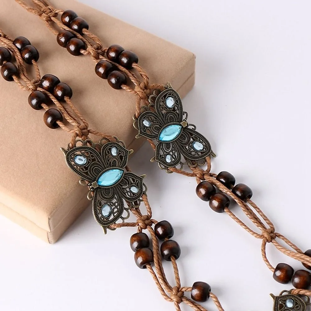 

Rope Wooden Bead All-match Wax Rope Hand-woven DIY Rhinestone Braided Tassel Belt Women Waist Chain Ethnic Style Belts Bohemian