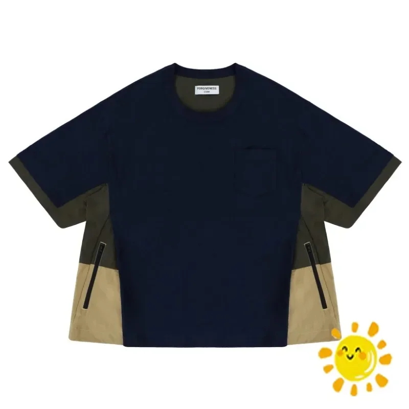 

High quality 1:1 Vintage Patchwork Double Layered T-shirt Men Women Zipper Top Tees T Shirt