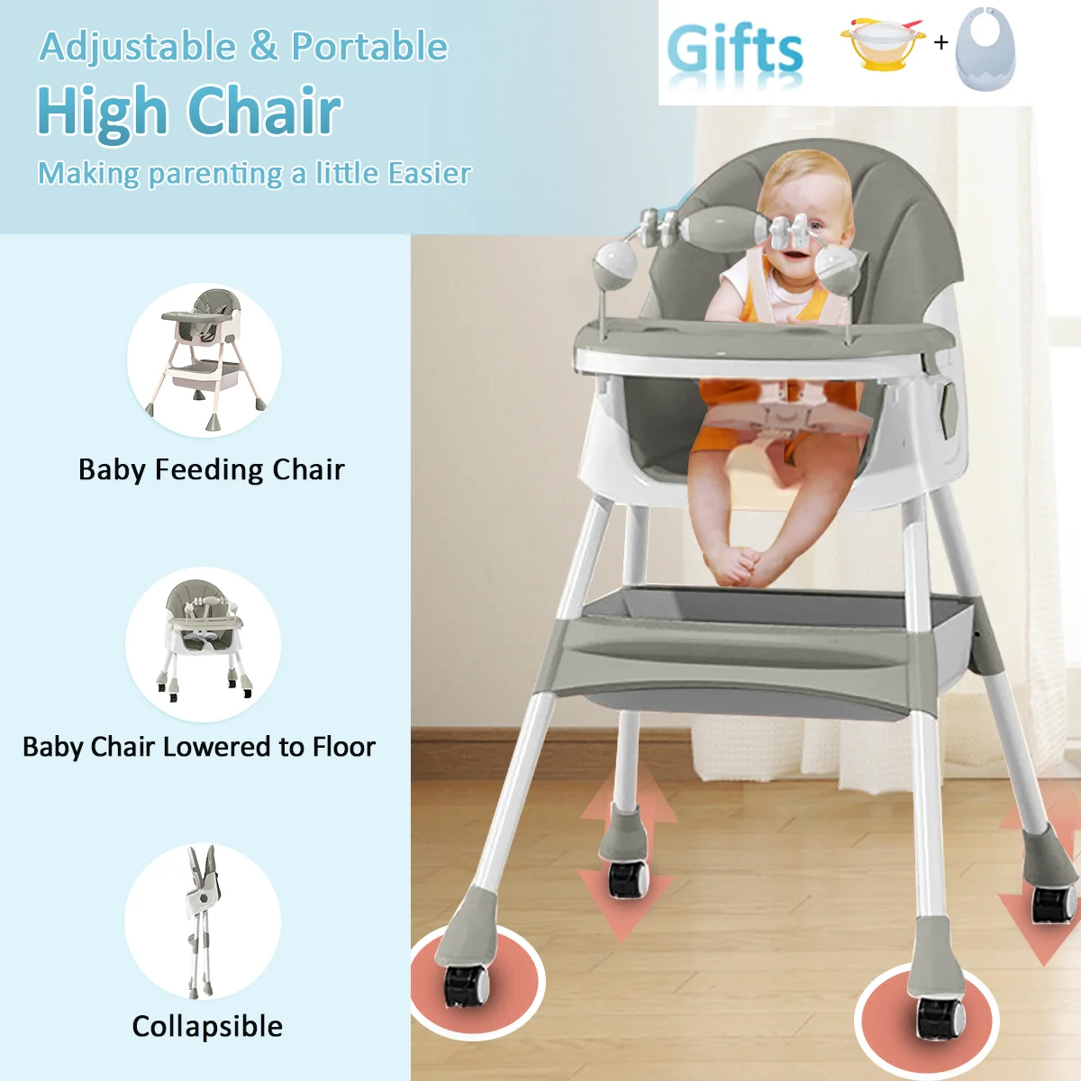 Adjustable foldable baby high chair reclinable feeding chair easy to clean with cushioned seated footrest tray cup holder