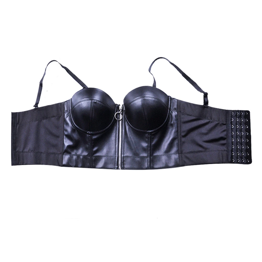 Women Black PU Leather Zippper Corset Top Crop Bustier Gothic Bra Push Up Bodice Sexy Lingerie Corselet Party Short Camis S-6XL