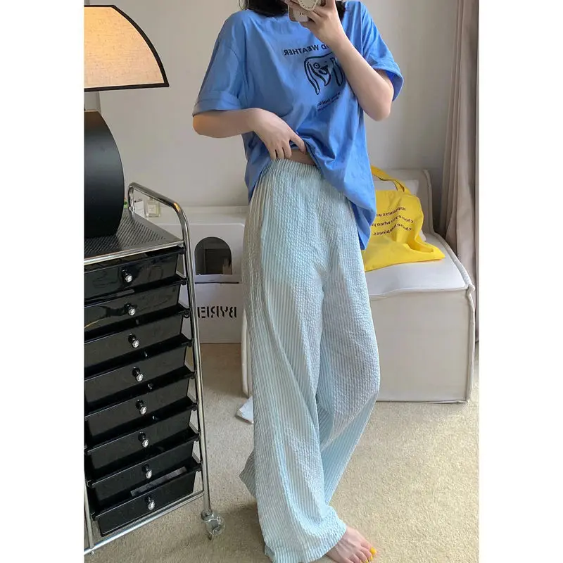 Loose Casual Pajama Pants for Women's Summer 2024 New Oversized Bubble Pants Straight Leg Wide Leg Long Pants