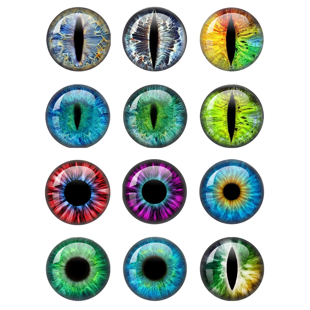 

12pcs/Lot 10mm/12mm/14mm/16mm/18mm/20mm/25mm Animal Cat Dragon Eyes Handmade Photo Round Glass Cabochons Making Findingsjewelry