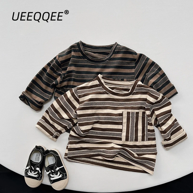 

Striped Pocket 2024 Spring Autumn New Children T Shirts Boys Casual Long Sleeve Tops Kids Cotton Tees Toddler Clothes For 1-8Y