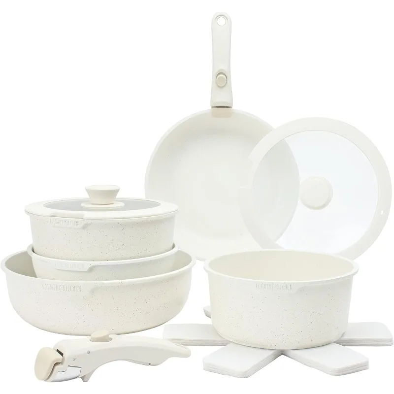 

13 Piece Pots and Pans Set - Safe Nonstick Kitchen Cookware with Removable Handle, RV Cookware Set, Oven Safe (Cream)