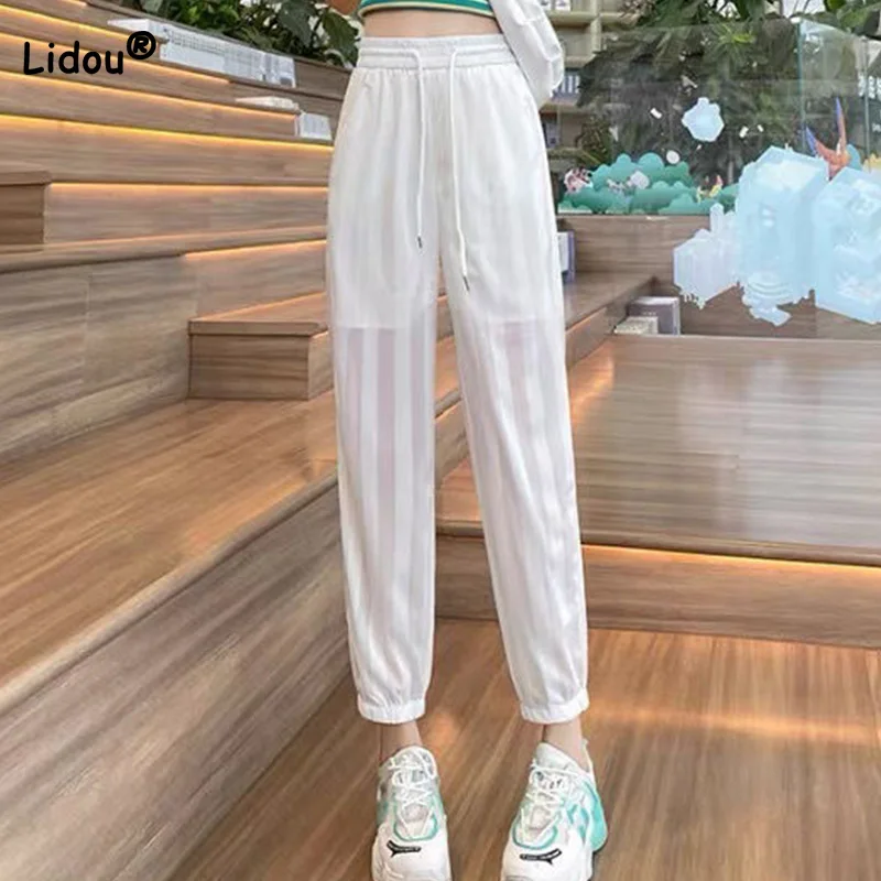 Women Summer Thin Black White All-match Leggings Mesh Bloomers Trousers Fashionable Hollow Out Loose Quick Drying Wide Leg Pants