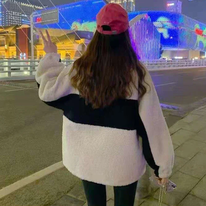 2023 Winter Women's Faux Lamb Coat Oversized Fashion Stitching Warm Plush Zipper Ladies Outerwear Casual Thicken Loose Jacket