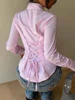 Chemise à manches longues pour femmes, élégante, Design de cravate au dos, bureau, coupe cintrée, rayures, col rabattu, chemisier, printemps automne 1