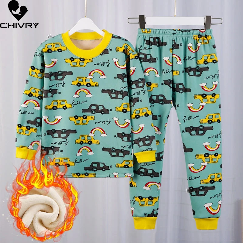 

New 2022 Kids Boys Girls Autumn Winter Thicken Warm Pajama Sets Cartoon Print T-Shirt Tops with Pants Baby Sleeping Clothing Set