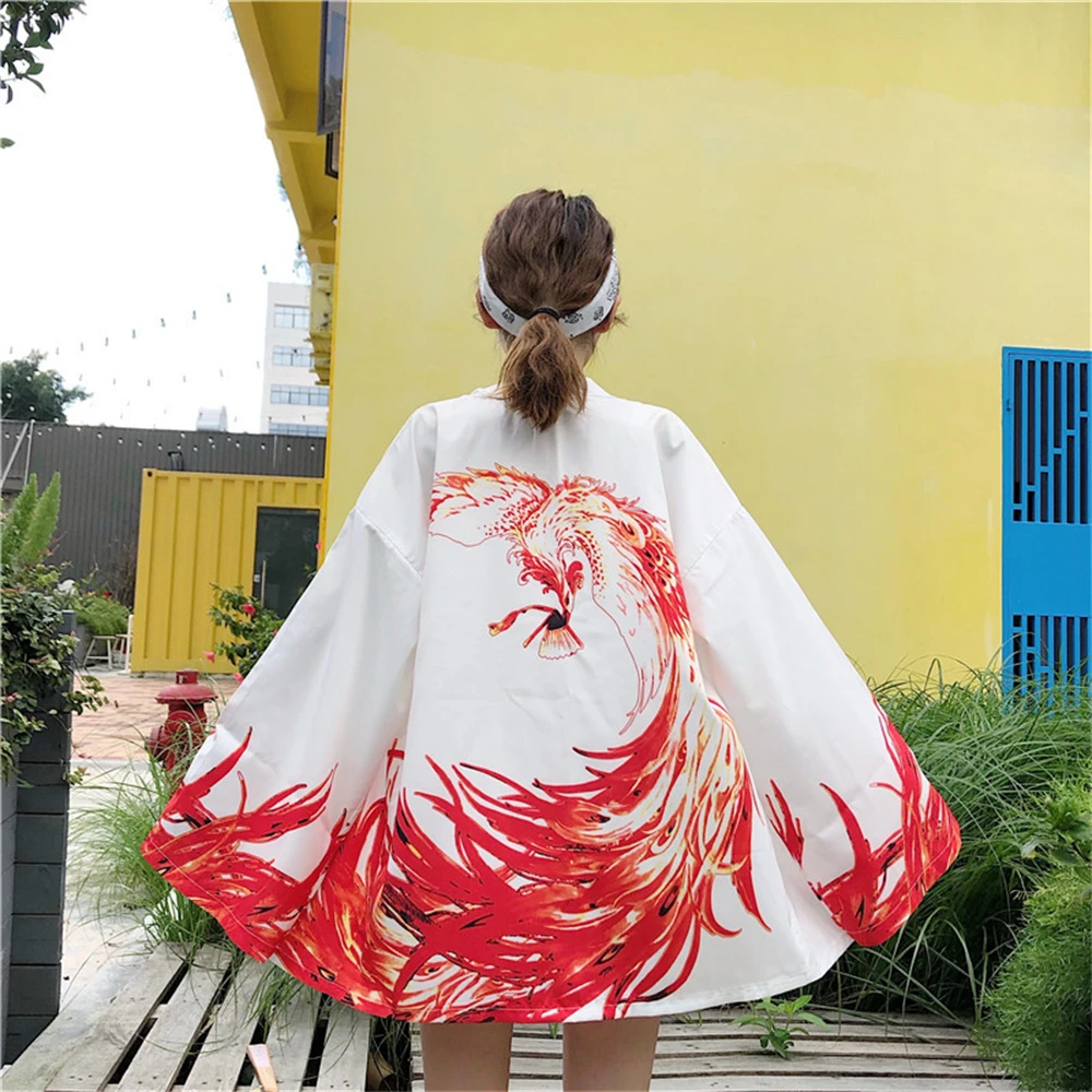 

Woman Kimono White Phoenix Print Cardigan Cosplay Sunscreen Shirt Blouse Japanese Yukata Summer Beach Kimono