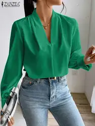 ZANZEA Vintage OL Pleating Blusas Oversized Women V-neck Shirts Fashion Solid Color Tops Tunic 2023 Autumn Long Sleeve Blouses