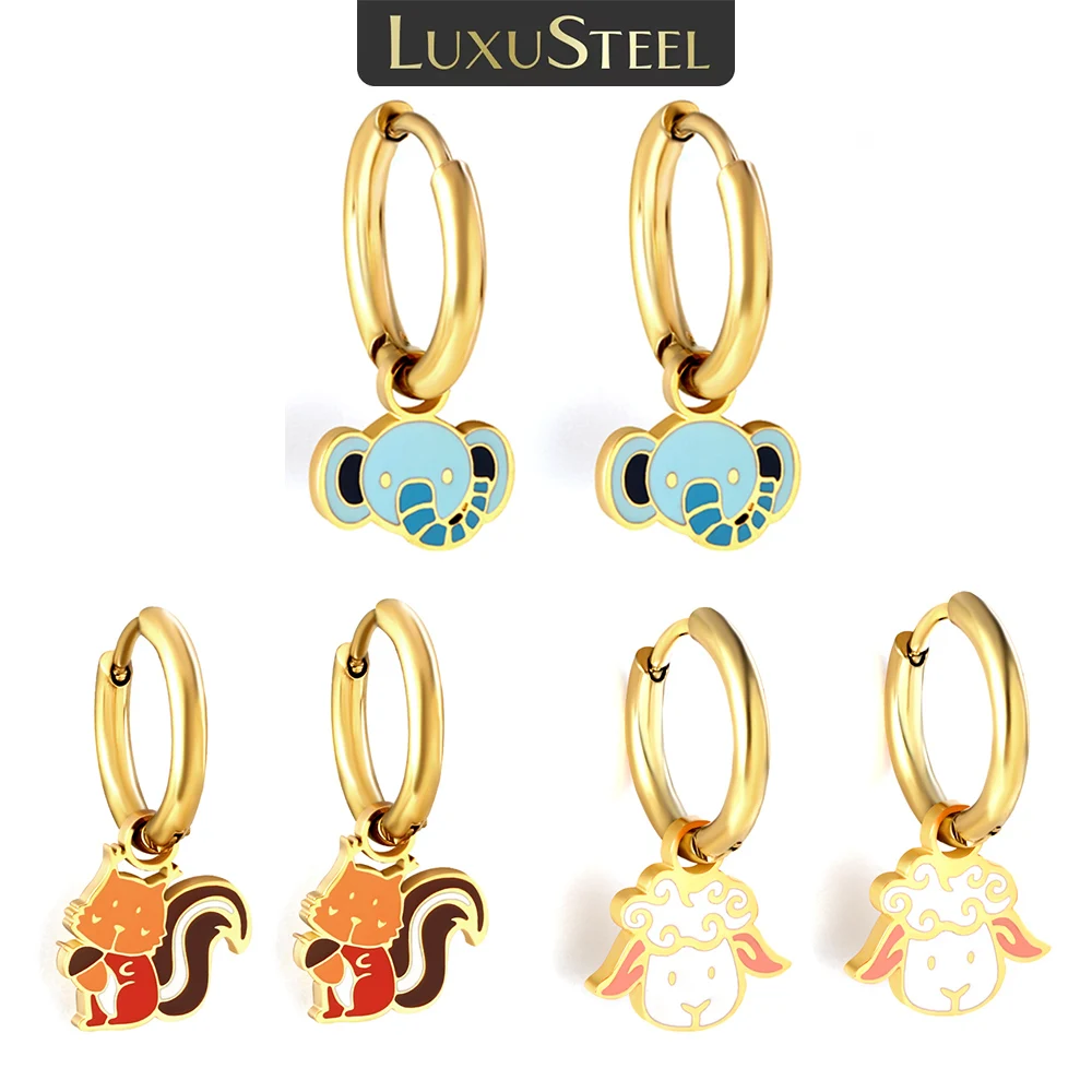 

LUXUSTEEL 2022 New Elephant Goat Squirrel Hoop Earrings For Little Girl Kids Stainless Steel Cartoon Ear Jewelry Christmas Gifts