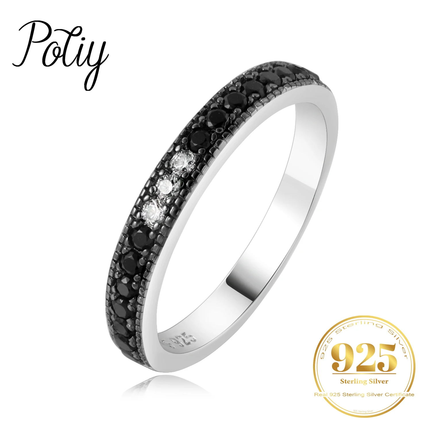 

Potiy Black Spinel 3 Stone Band Ring 925 Sterling Silver for Women Daily naturally Jewelry fashion gift elegant valentine days