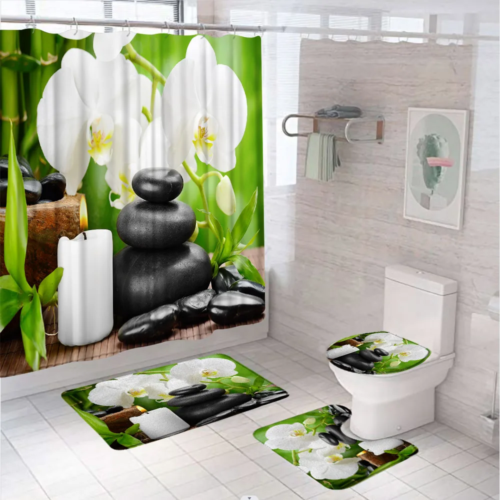 Zen Bath Mat Set Spa Landscape Rocks Flower Green Plants Bamboo Leaves Low  Pile Flannel Bath