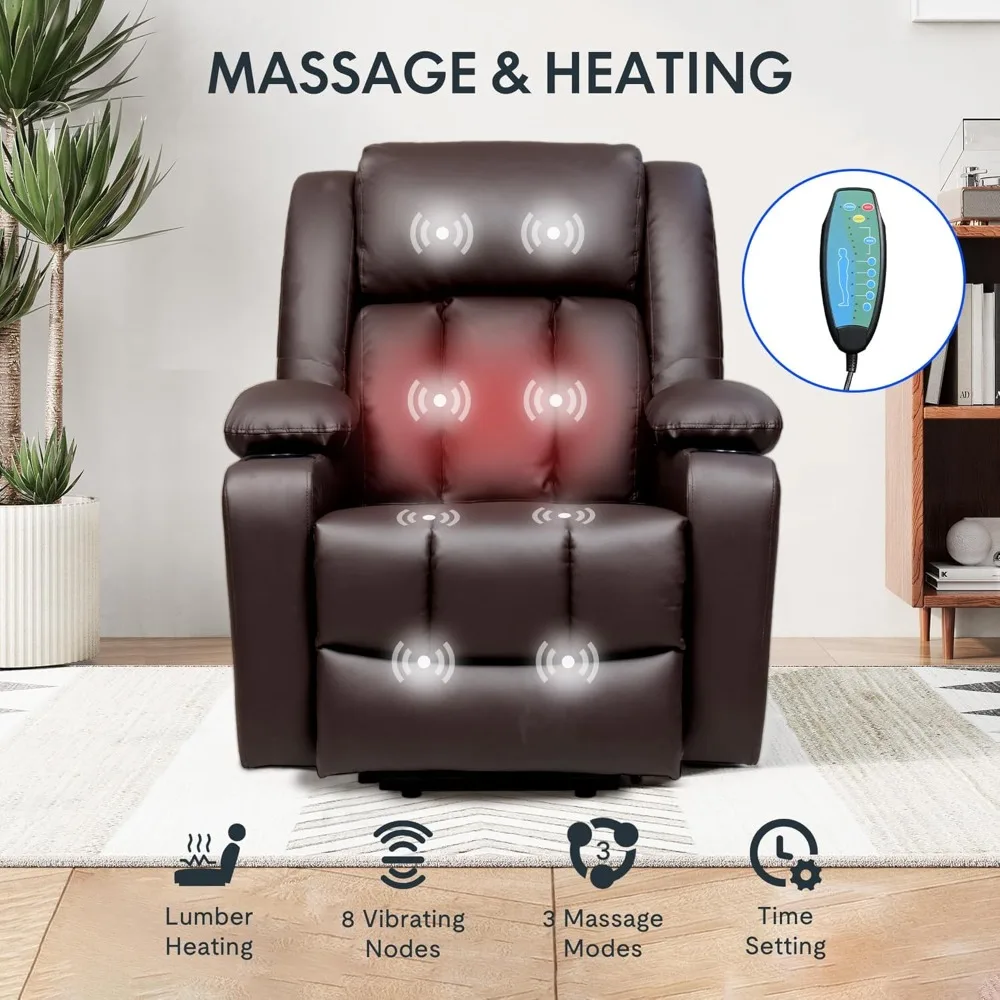 Electric Lift Recliner Chair with Massage & Heat for Elderly, PU Leather Sofa w/Cup Holders, FSC Certified (Brown)
