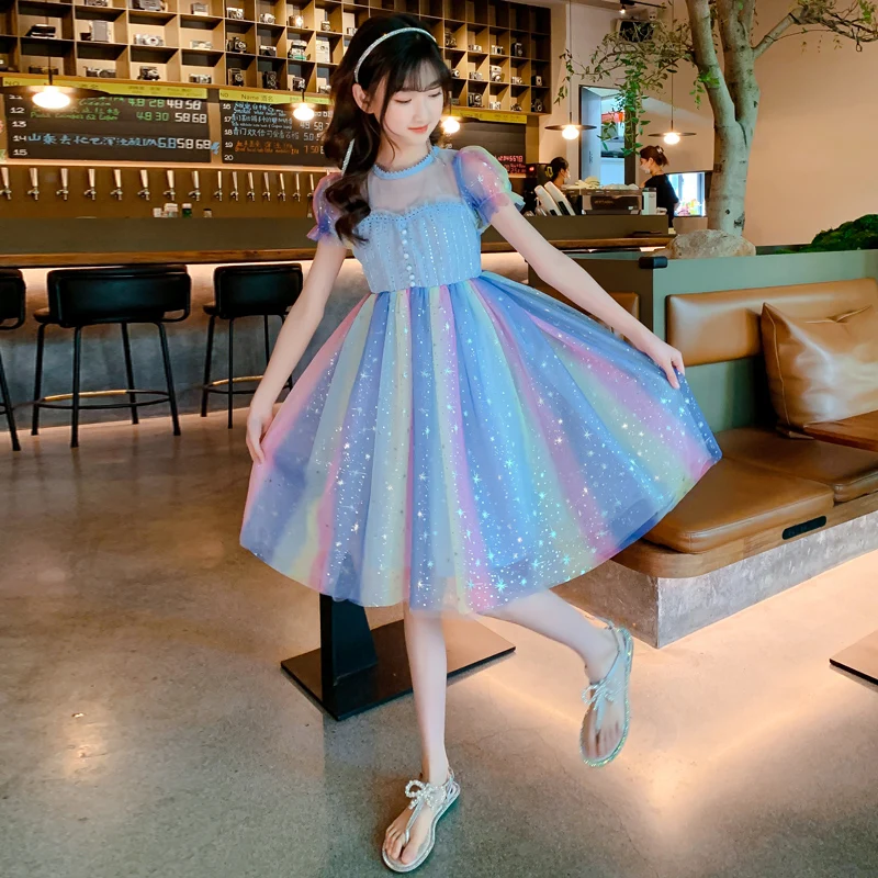 

Girls Dress 2023 Summer New Rainbow Mesh Sweet Princess Sequined Children's Clothes Stage Performance Costume