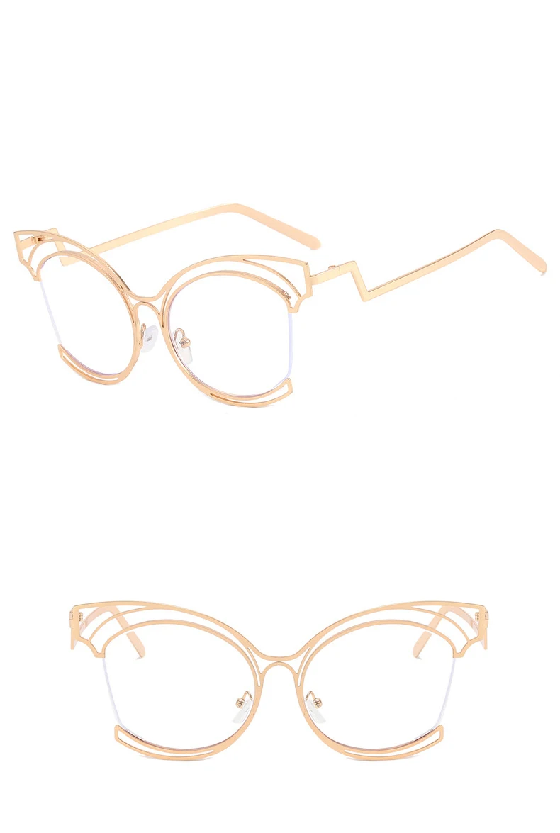 56755 Neue Halbrahmen Aushöhlen Optische Brillengestell Frauen Mode Cat Eye Metall Flache Spiegel Klare Locken Beine Brillen – Detail 11