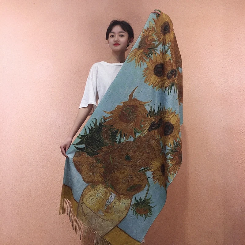 Van Gogh-Inspired Cashmere Wool Scarf - Coffee House Print Winter Wrap