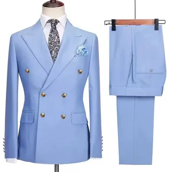 2025 New Men's 2 Piece(Jacket+Pants)Double Breasted Slim Fit Elegant Suit Wedding Groom Business Banquet Tailor-made 1