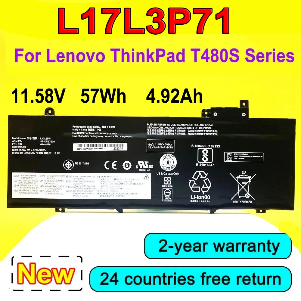 

New L17L3P71 Laptop Battery For Lenovo ThinkPad T480S Series L17M3P71 01AV478 01AV479 SB10K97620 SB10K97621 01AV480 SB10K97622