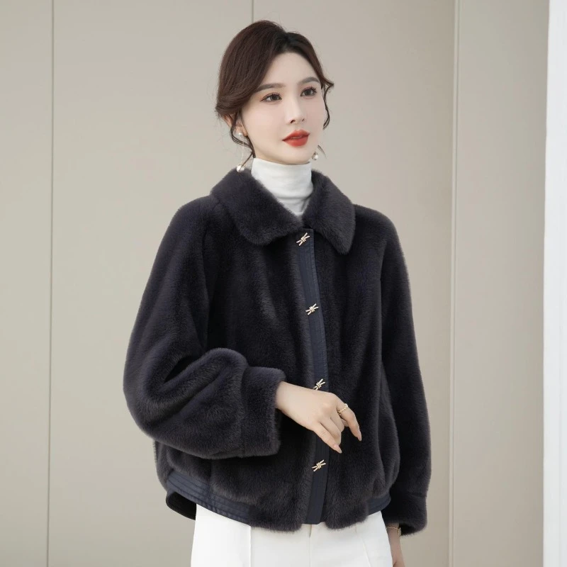 Middle-Aged Women Temperament Mink Fur Coat Winter New Female Fashion Short Pure Color Faux Fur Outcoat Casual Warm Outerwear