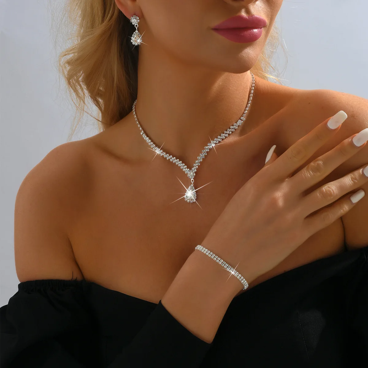 925 Sterling Silver Jewelry Sets for Women Rhinestone Pendant Necklace Earrings Double Layer Bracelet Fashion Jewelry Gifts - 2