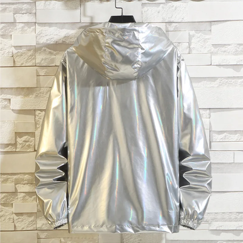 #4201 Black Sliver Shinny Jacket Men Bomber Jacket Korean Style Hip Hop Jacket Slim Men Jackets And Coats Streetwear Hooded Coat 5