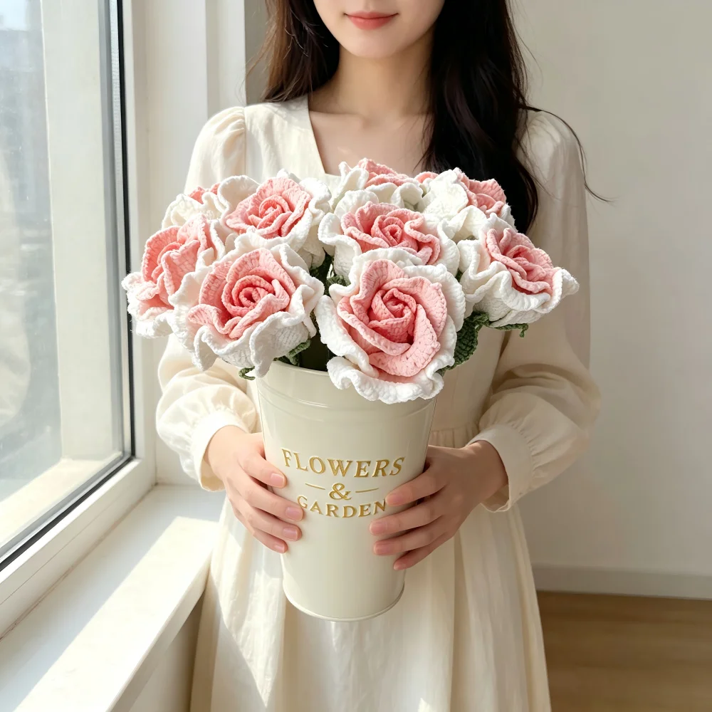 수제 크로셰 태국 장미 시뮬레이션 꽃, 집 장식, 웨딩 장식, 여자친구, 아내를 위한 발렌타인데이 선물