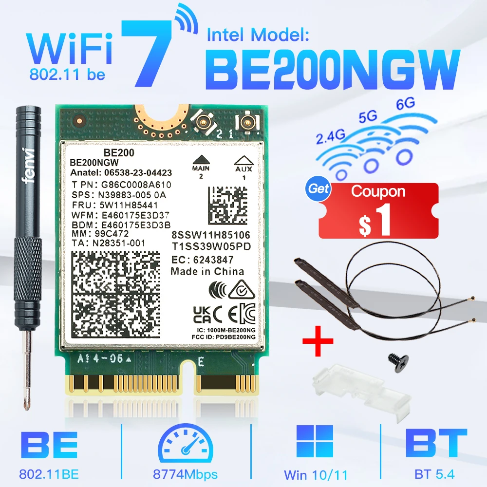 WiFi 7 for Intel BE200 Network Card Bluetooth 5.4 Tri Band 2.4/5/6GHz 8774Mbps BE200NGW M.2 Wireless Adapter Better than Wifi 6E